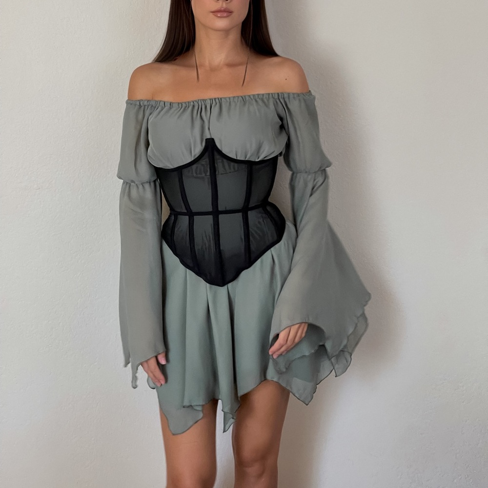 Green chiffon Midi dress with corset